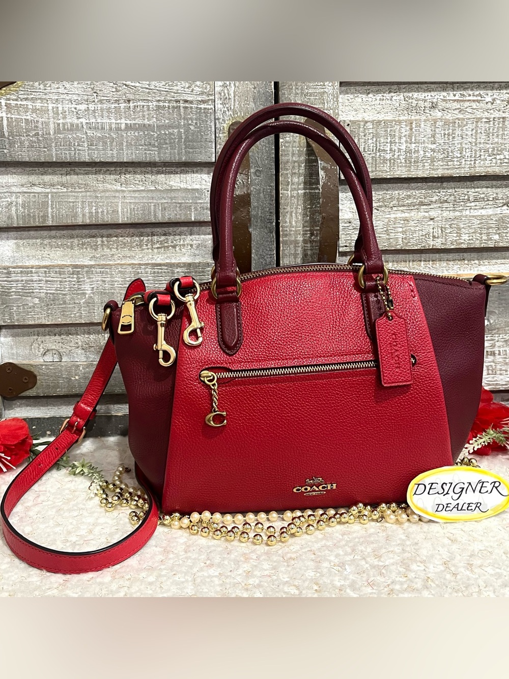 Coach Elise 2 Tone Leather Satchel Bag # 1022 Red and Burgundy EUC!